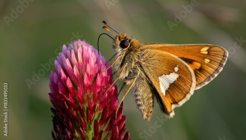 A Skippers Butterfly Perched on a Pink Clover Flower.