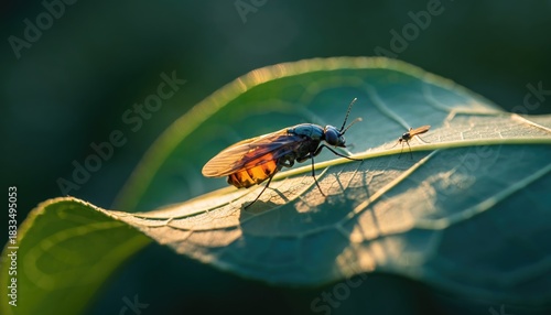 A small fly with an orange abdomen rests on a sunlit green leaf.