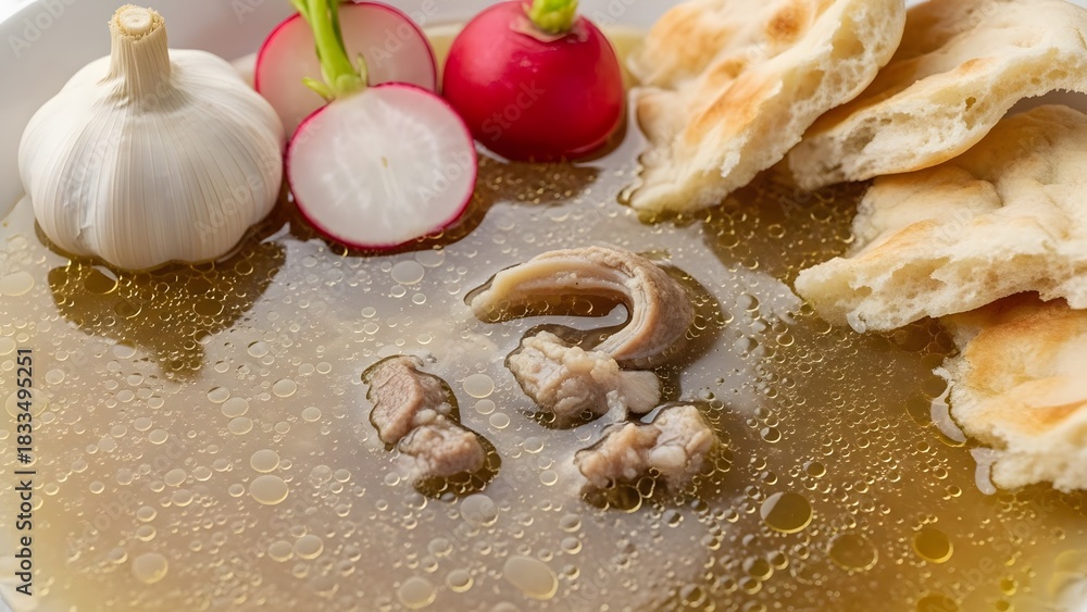 Fototapeta premium Salty Delight: A bowl of traditional broth, adorned with freshly cut radish, crispy bread, and garlic bulbs, offering a simple yet savory culinary experience.