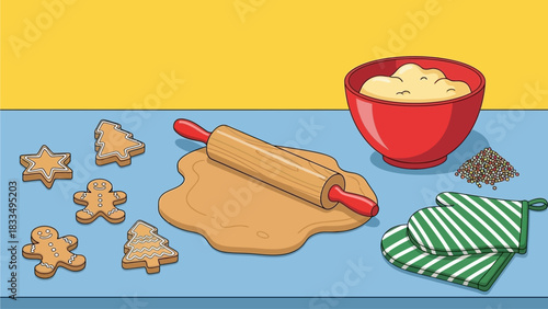 Christmas gingerbread cookie baking scene with dough and rolling pin