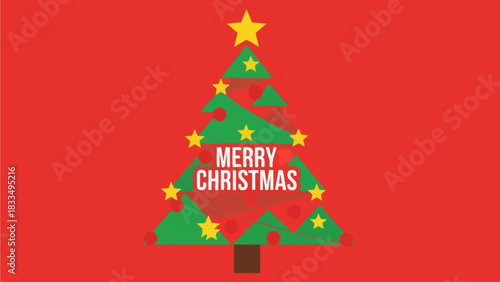 Festive Merry Christmas Tree Illustration with Stars and Garland on Red Background