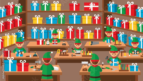 Christmas elves busy crafting and packing gifts in a workshop filled with presents for the holiday season