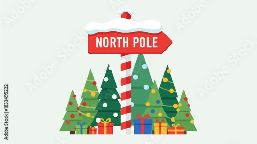 North Pole signpost surrounded by decorated Christmas trees and gift boxes, symbolizing the festive holiday season and winter wonder