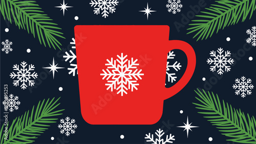 Cozy Winter Holiday Scene with Red Mug and Snowflakes