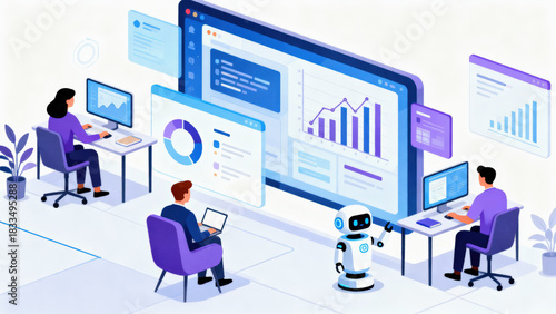 Business office data dashboard analytics chart teamwork remote work async communication project management robot assistant modern workspace flat