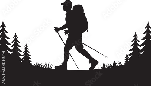 silhouette hiker climbing a mountain, featuring a backpacker in an adventurous pose against a rugged peak.