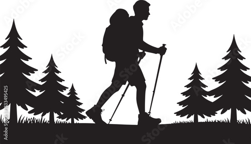 silhouette hiker climbing a mountain, featuring a backpacker in an adventurous pose against a rugged peak.