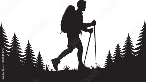 silhouette hiker climbing a mountain, featuring a backpacker in an adventurous pose against a rugged peak.