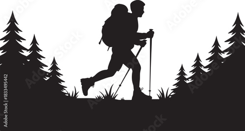 silhouette hiker climbing a mountain, featuring a backpacker in an adventurous pose against a rugged peak.
