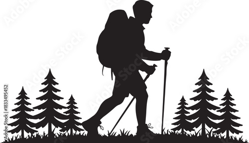 silhouette hiker climbing a mountain, featuring a backpacker in an adventurous pose against a rugged peak.