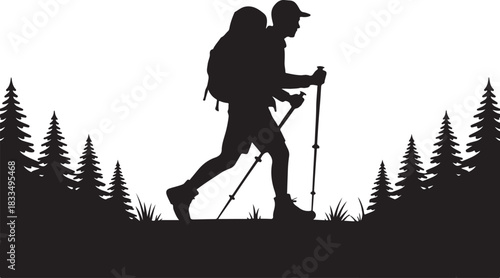silhouette hiker climbing a mountain, featuring a backpacker in an adventurous pose against a rugged peak.