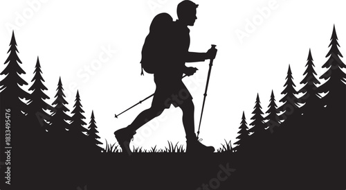 silhouette hiker climbing a mountain, featuring a backpacker in an adventurous pose against a rugged peak.