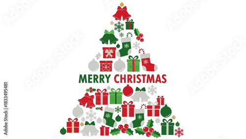 Festive Christmas Tree Illustration with Presents, Ornaments, and Holly Berries, Wishing Merry Christmas