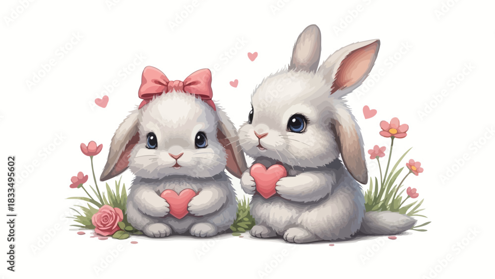 Fototapeta premium Charming Bunny Couple with Hearts and Floral Accents for Valentine's Day Celebration