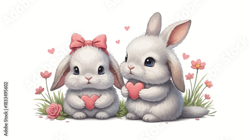 Charming Bunny Couple with Hearts and Floral Accents for Valentine's Day Celebration