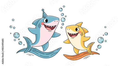 Two adorable cartoon sharks, one in a party hat, swimming playfully with bubbles celebrating