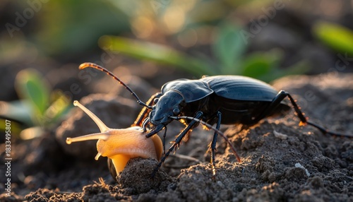 Beetle and Snail - A Predatory Encounter.