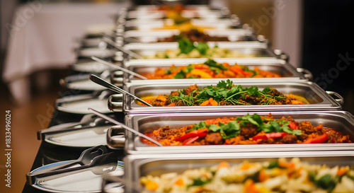 Gourmet buffet spread with various dishes in chafing dishes, ready for service.