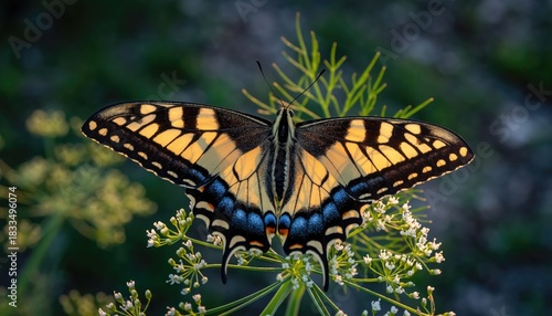 Butterfly on a plant with open wings.