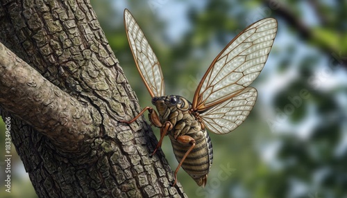 Cicada insect perched on tree branch.
