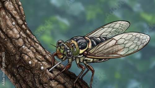 Cicada on Tree Branch Illustration.