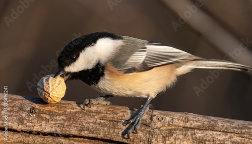 Chickadee with Nut on Branch.
