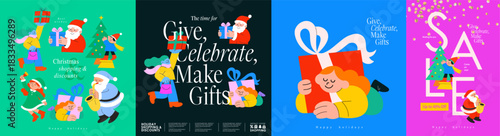 Christmas New Year's Winter Shopping. Sale. Vector modern shopping illustrations with Santa Claus, characters, gifts, decorations, and holiday sale, ads for poster, discount, promotion, greeting card