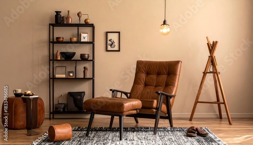 Stylish interior of living room with design brown armchair, wooden bookcase, pendant lamp, carpet decor, picture frames and elegant personal accessories in modern retro home decor. Template.