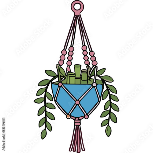 Hand Drawn Bohemian Style Blue Macrame Plant Hanger with Green Leaves and Pink Beads Delicate Tassel Accent Hanging Decor