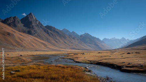 Scenic Mountain Valley with Stream Under Clear Blue Sky