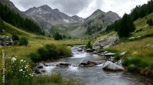 Scenic Mountain Landscape with Flowing Stream in Green Valley Under Cloudy Sky