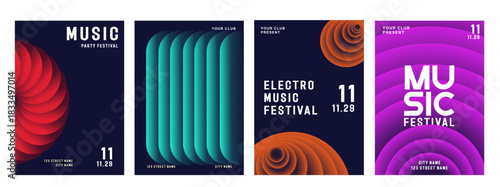 Music poster design background vector set. Electro Sound Cover template with vibrant abstract gradient geometric shape. Ideal design for social media, flyer, party, music festival, club.