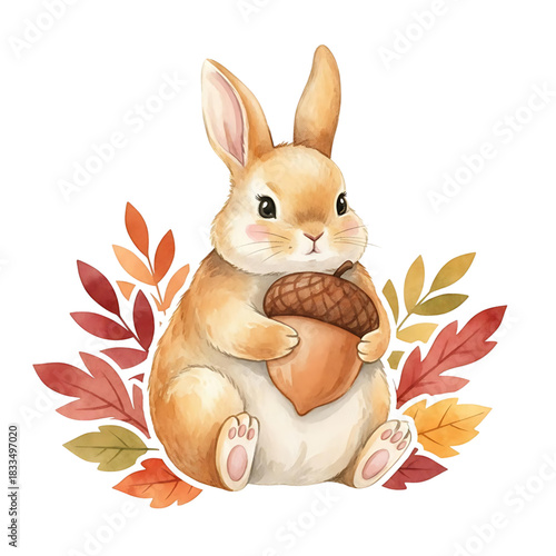 Adorable bunny holding an acorn surrounded by autumn leaves, evoking a cozy fall feeling, perfect for seasonal greetings and children's designs created from a vector graphic
