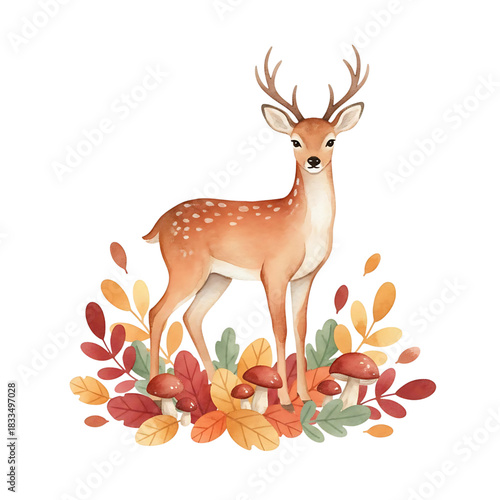 Whimsical fawn amidst autumn leaves and mushrooms, a touch of woodland magic for seasonal designs, adding charm to any project, vector origin ensures scalability