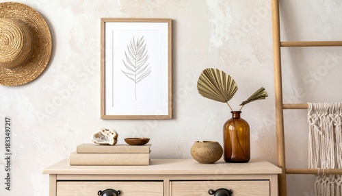 Stylish boho interior of living room with brown mock up poster frame, elegant accessories, flowers in vase, wooden shelf and hanging rattan hut. Minimalistic concept of home decor. Template