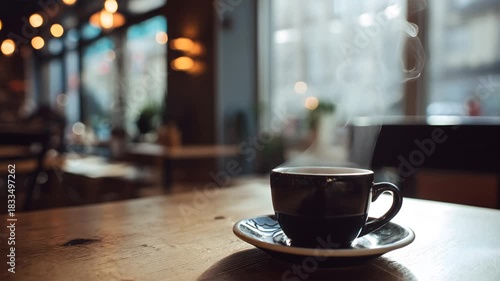 カフェのテーブルに置かれたコーヒーカップ、ほのかに湯気が上がる、シームレスループ動画