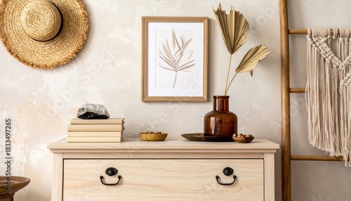 Stylish boho interior of living room with brown mock up poster frame, elegant accessories, flowers in vase, wooden shelf and hanging rattan hut. Minimalistic concept of home decor. Template