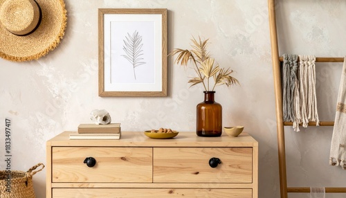 Stylish boho interior of living room with brown mock up poster frame, elegant accessories, flowers in vase, wooden shelf and hanging rattan hut. Minimalistic concept of home decor. Template