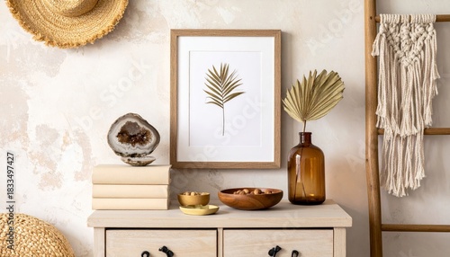 Stylish boho interior of living room with brown mock up poster frame, elegant accessories, flowers in vase, wooden shelf and hanging rattan hut. Minimalistic concept of home decor. Template