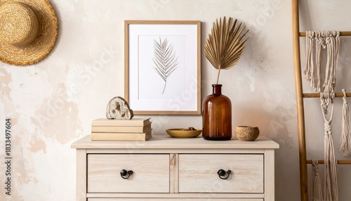 Stylish boho interior of living room with brown mock up poster frame, elegant accessories, flowers in vase, wooden shelf and hanging rattan hut. Minimalistic concept of home decor. Template