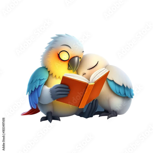 Adorable pair of parrots sharing a cozy reading moment, fostering connection and learning together, perfect for children's stories and educational materials