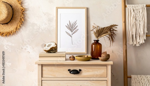 Stylish boho interior of living room with brown mock up poster frame, elegant accessories, flowers in vase, wooden shelf and hanging rattan hut. Minimalistic concept of home decor. Template