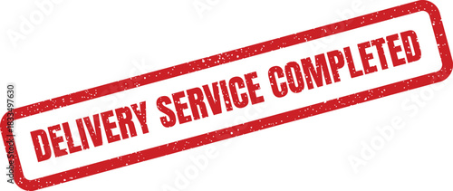 Grungy rectangular stamp graphic showing a delivery service has been fully completed with finality