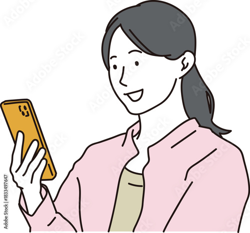 笑顔でスマホの画面を見ている女性のイラスト素材