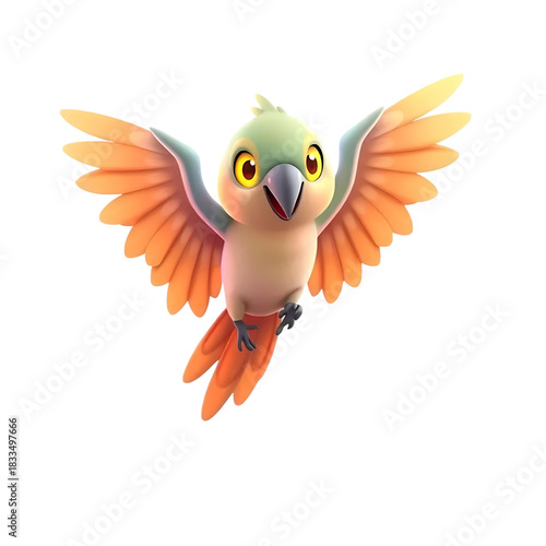 Delightful cartoon parrot soaring with vibrant orange wings, a whimsical character perfect for children's books, cheerful animations, and playful designs, its vector origin ensures scalability