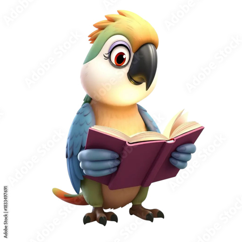 Adorable cartoon parrot engrossed in reading a book, a charming illustration perfect for children's stories and educational content about learning and discovery
