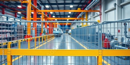 Factory shop safety railing, industrial interior fence,   industrial building,  infrastructure