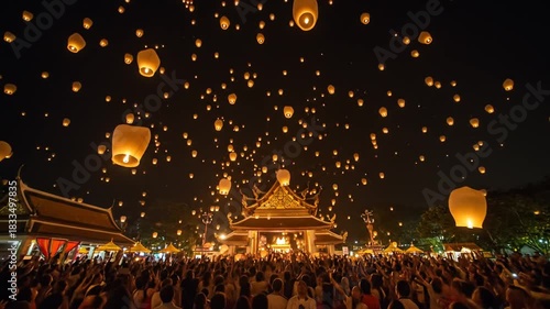 Thousands of glowing sky lanterns ascend above a temple during a nighttime celebration