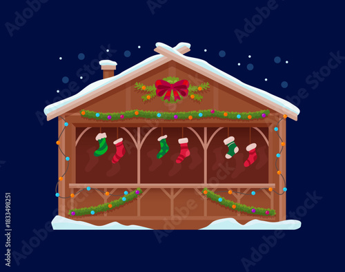 Christmas market stall with hanging stockings, garlands and snowy roof. Cozy winter booth decorated for festive celebration. Cartoon vector wooden stand kiosk with colorful traditional holiday lights