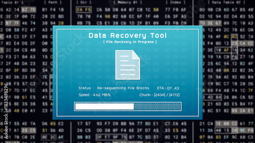 Data recovery process screen on cloud storage server, database protection backup for restore secure file sharing network, cyber security software technology illustration, retro computer monitor UI